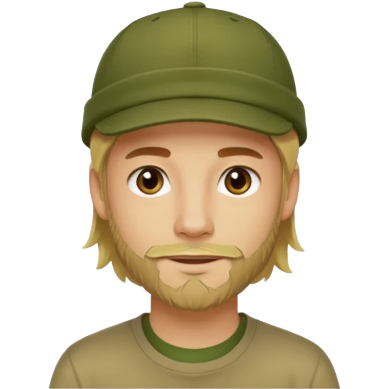 Apple emoji style young man with light skin, long blond hair, short stubble beard, dark eyes, olive green cap, friendly expression, clean shapes and soft gradients. emoji