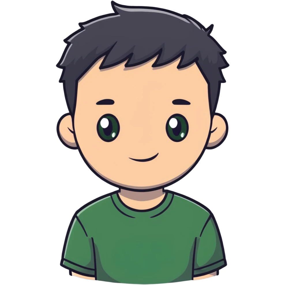 white man with dark messy short hair, dark green eyes, wearing a gray t-shirt emoji