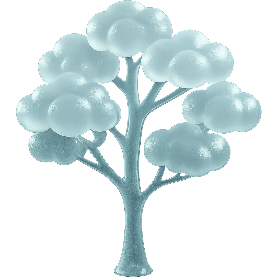 one tree with many branches and a white trunk, crown made of small very bright white fluffy convex clouds, matte glass style emoji