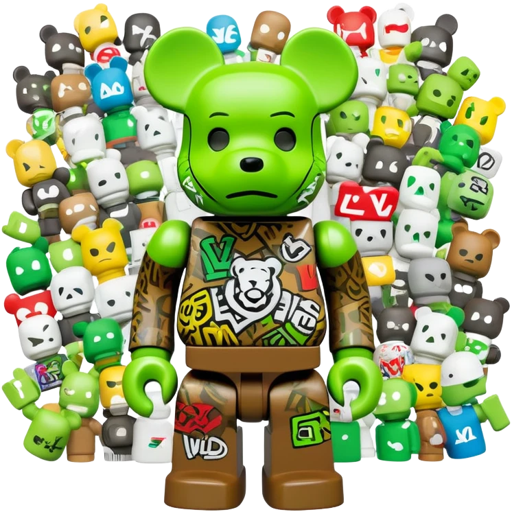 classic bearbrick figure with lime green mask filled with overlapping brand logos in wild graffiti style, street art aesthetic, many random logos like LV, Supreme, Nike all over the mask, bold eyebrows emoji