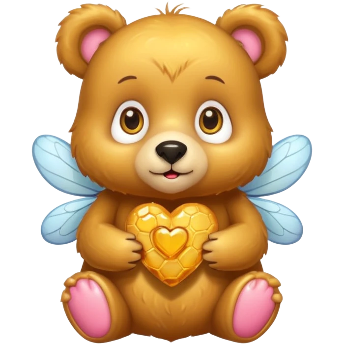 a cute bear with honey and bee and hearts, with big eyes emoji