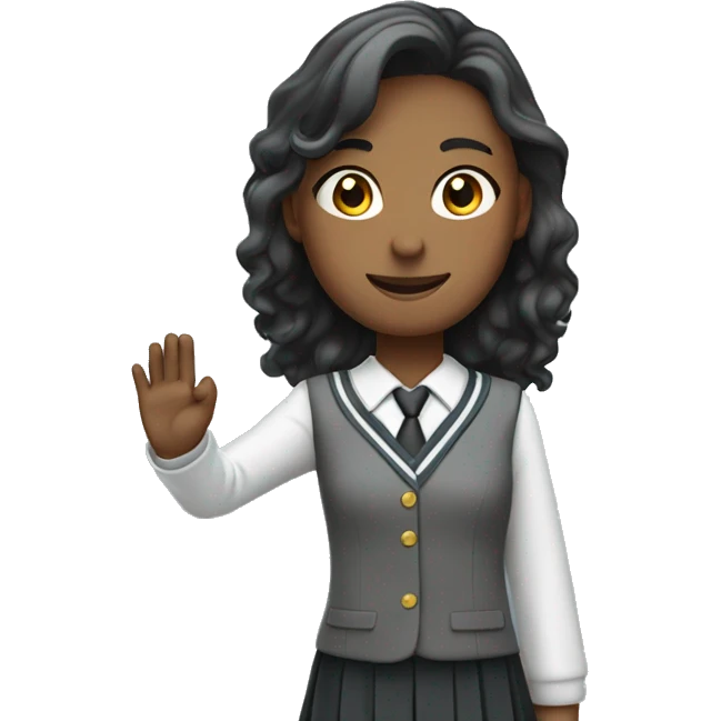 The upper body of a student in school uniform with one hand raised emoji