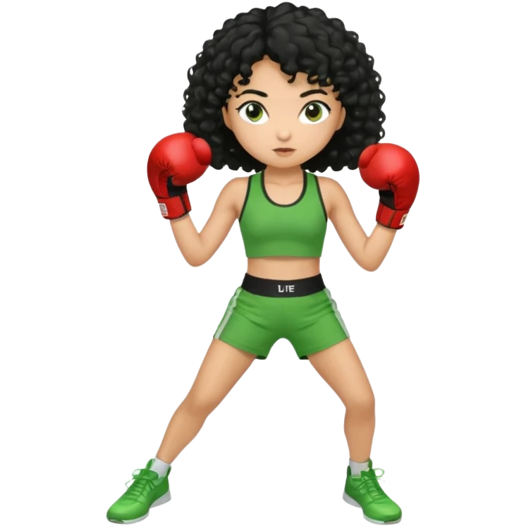 a girl with black curly hair and olive skin in a green workout outfit, boxing emoji