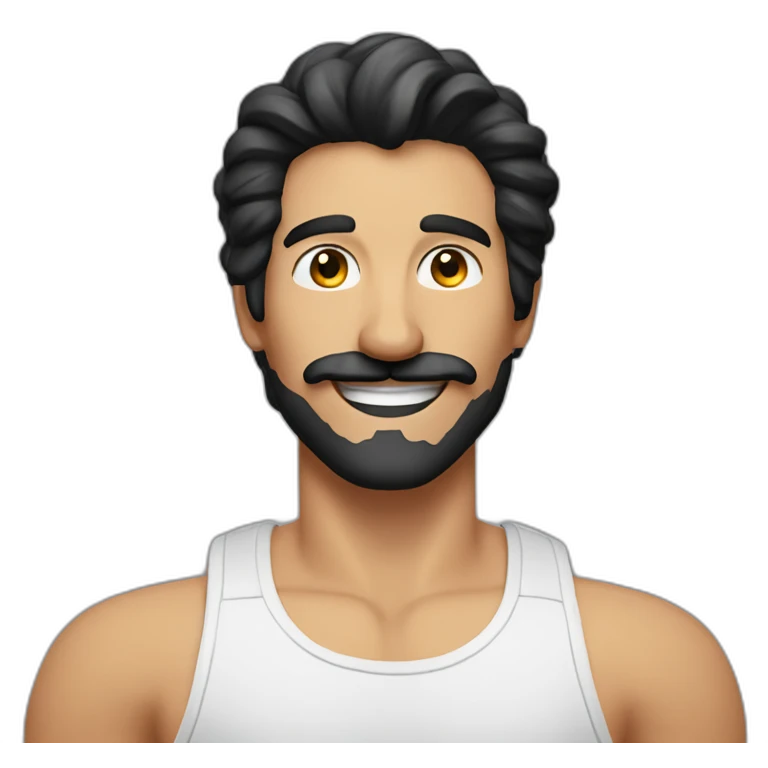 HAPPY MAN WITH MUSTACHE, stubble AND LONG BLACK HAIR AND WHITE TANK TOP emoji