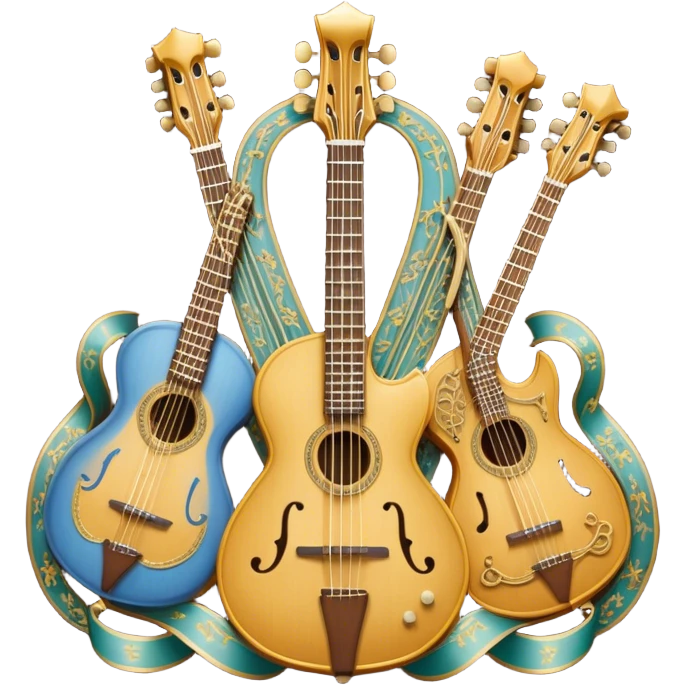 Create a complex, ceremonial, and professional emoji resembling a coat of arms, symbolizing plucked string instruments. The design should feature a combination of elements such as the necks and fretboards of various plucked string instruments like guitars, harps, and mandolins. The strings should be clearly visible, and the frets should be detailed. Intertwining with the instruments, there should be a flowing ribbon of musical notes, curving elegantly around the instruments and connecting them. The colors should include golden metallic tones, warm wood finishes, and silver accents to emphasize the professional and festive nature of the design. The background should be regal, using subtle textures or patterns to give a sense of grandeur, while keeping the instruments and notes as the focal point. The design should evoke a sense of celebration and sophistication, reflecting the rich tradition of plucked string instruments. emoji