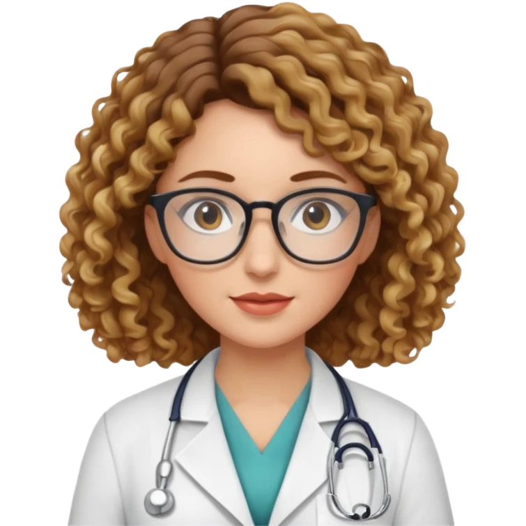 doctor woman with brown  curly hair with blonde highlights, she has glasses emoji