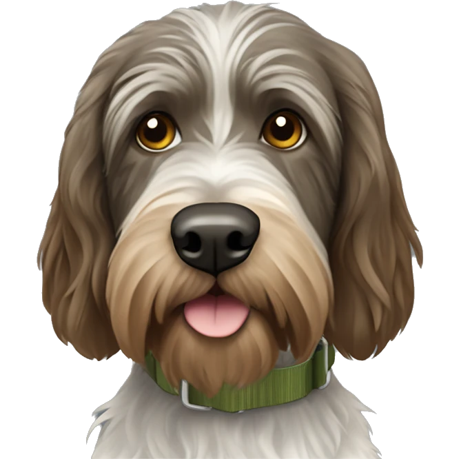 Black, brown and white wire-haired pointing griffon with an olive green collar emoji