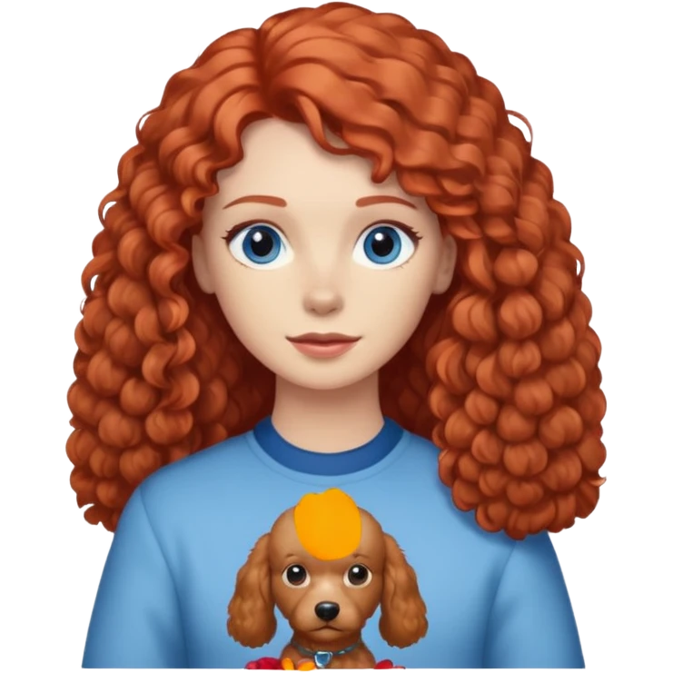 A red head with long hair blue eyes and a light brown poodle dog emoji