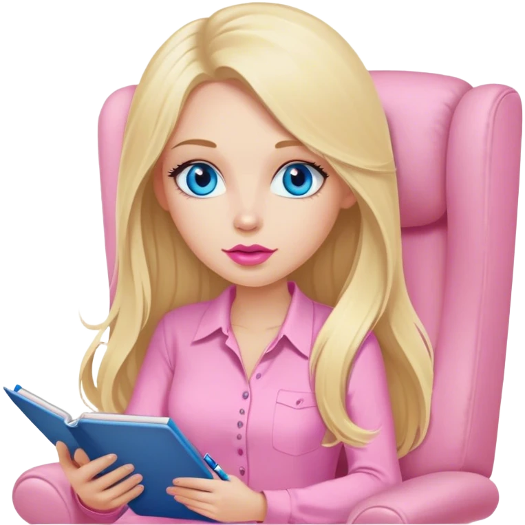Cinematic realistic blonde with long hair, blue eyes and pink lips, dressed in a pink shirt, sits in a beige armchair with a notebook and pen in her hands emoji