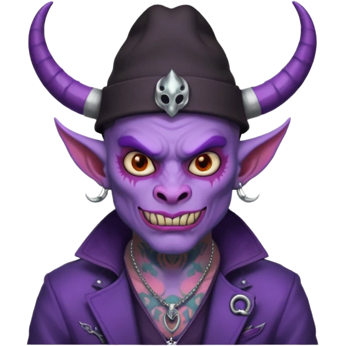 purple demon with tattoos, hat, jacket and horns emoji