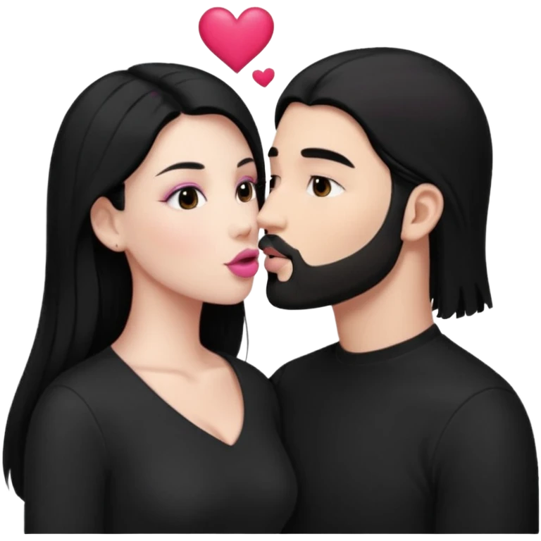 👩🏻‍❤️‍💋‍👨🏻 this one but the man should be bald. white woman with long black hair and white bald young man whoitiut hair and a heart between their heads. she has pink lips and both have brown eyes. he has e full beard but short. both wear black  emoji