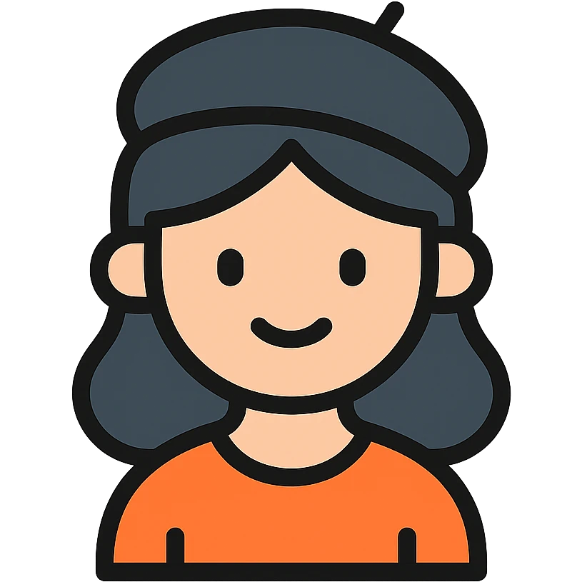 a girl with dark hair and a black beret hat, minimal flat icon style emoji