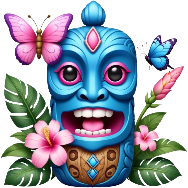Pixar style little Blue and pink tiki singing with a butterfly and tropical flowers, ultra detailed and lifelike imagery, realistic emoji