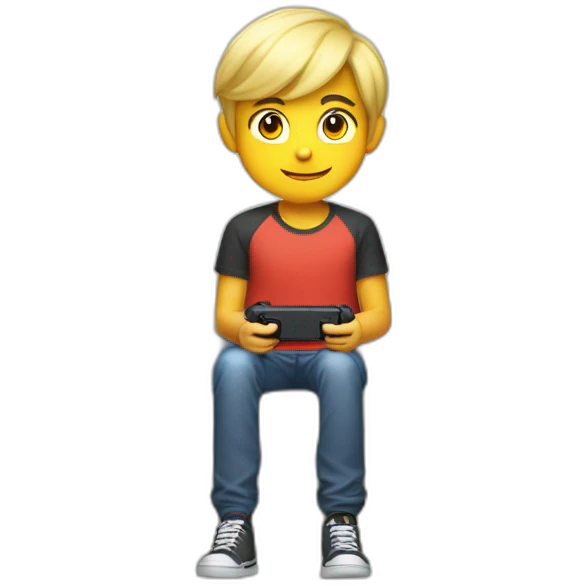 a 11 years old blonde boy seated in a sofa playing nintendo switch emoji