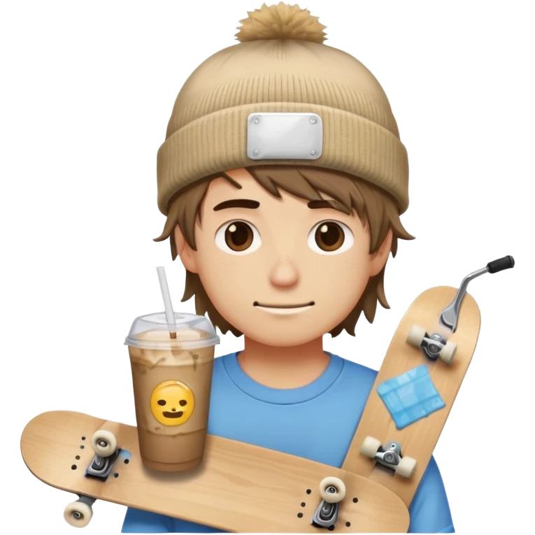 Skater Boi Boyfriend Emoji beanie, messy hair, bandaid, skateboard, iced coffee, chill eyes, emoji