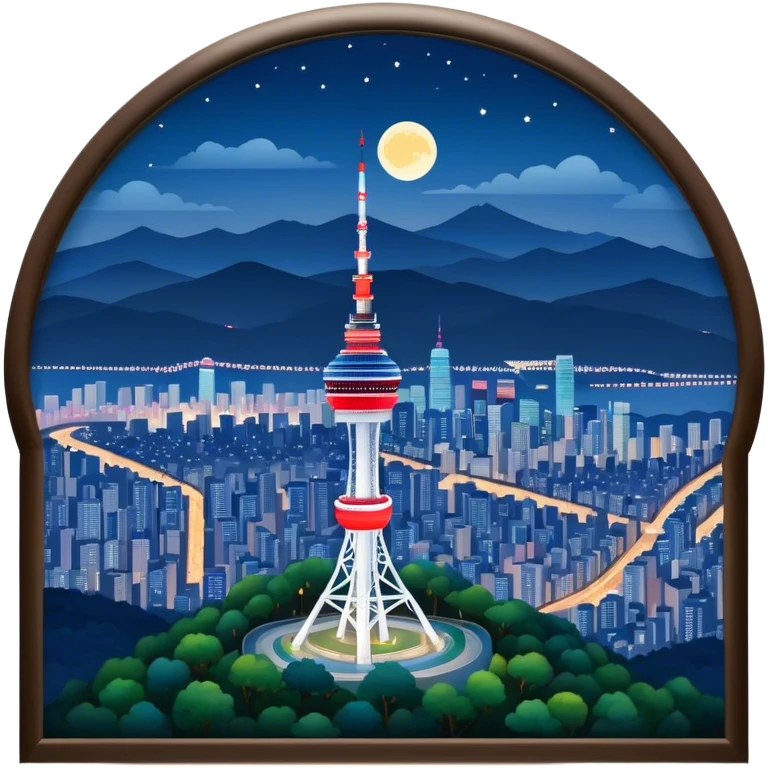 N Seoul Tower Landmark Emoji – Showing the tower atop Namsan Mountain with city lights in the background. emoji