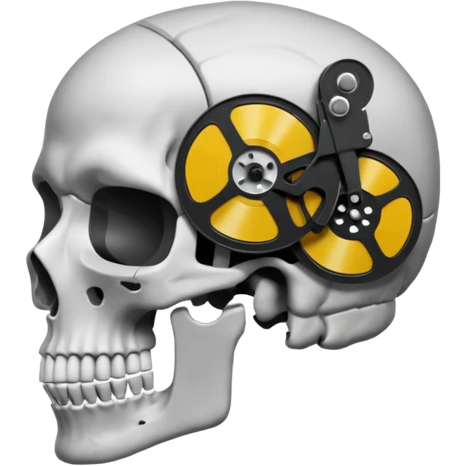 Minimalist emoji-style sticker of a human skull in profile, with a film reel replacing the brain. Grayscale icon with bold silhouette.
 emoji