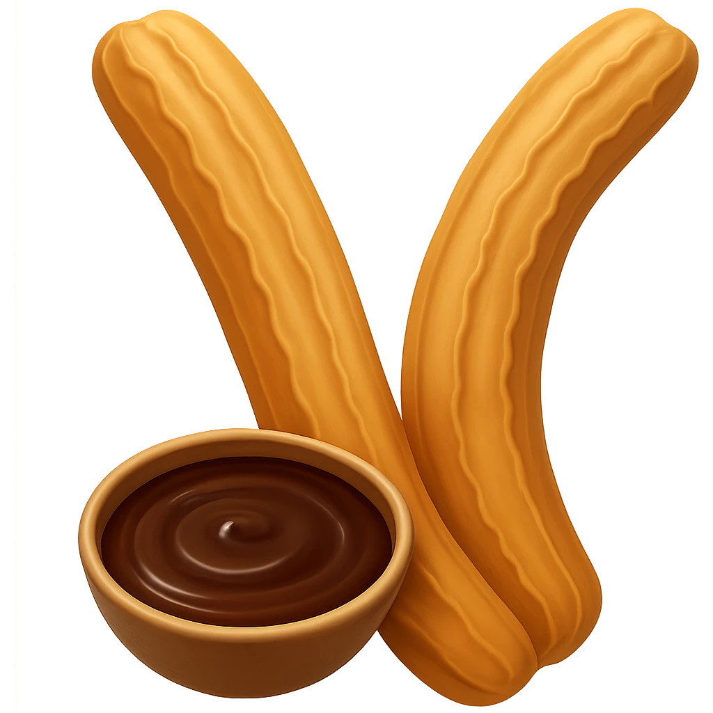 Remove the chocolate drizzle from the single churro. Show the single churro with a bowl of chocolate dipping sauce. Keep the background transparent. emoji