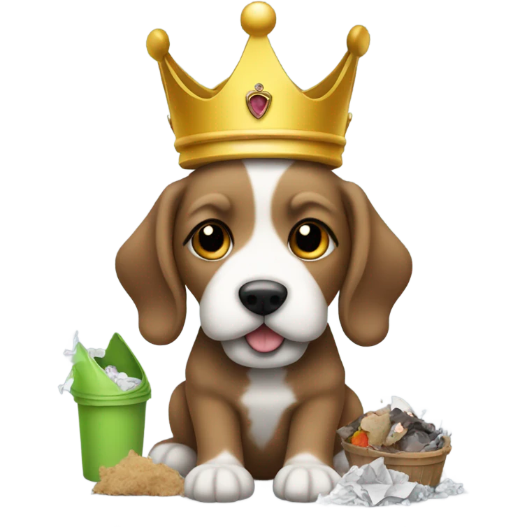 Small brown doodle puppy with a white beard eating garbage while wearing a crown because she is the garbage queen emoji