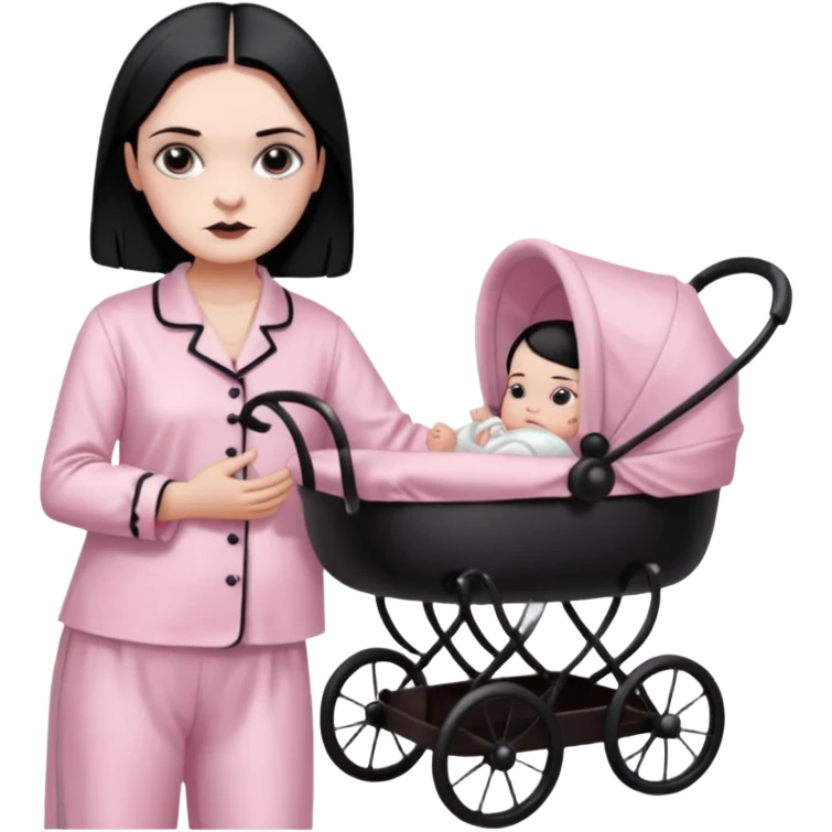 Full model stunning Wednesday Addams dark smoky eyeshadow seductive in a unbuttoned Light pink silk pyjamas set touching baby carriage  emoji