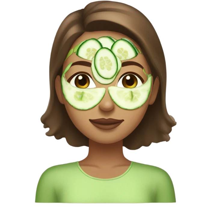 Girl with freackles Brown hair white skin Tone and blue eyes wears Green skin care mask while She relaxes and cucumber on her closed eyes emoji