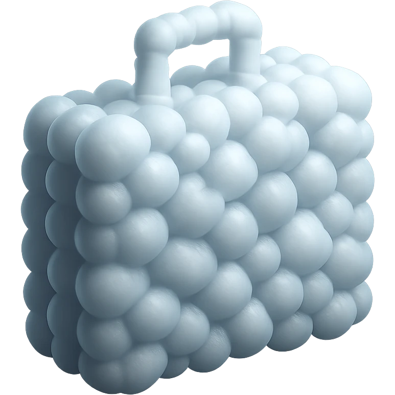 suitcase made entirely of small, very bright white fluffy convex clouds, matte glass style emoji