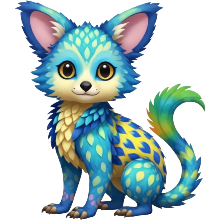 Colorful tropical exotic cute cool beautiful shiny beautiful fantasy-Trico-Cacomistle-oncilla-animal-Fakémon-hybrid-fursona (full body) emoji
