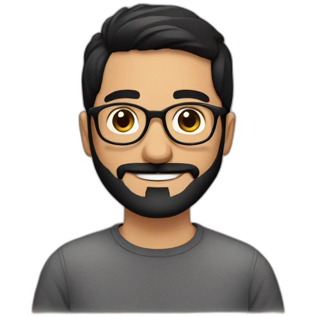 Arabic man, short black hair, round hipster glasses, dark beard and mustash, round-ish face, brown eyes, beautiful smile emoji