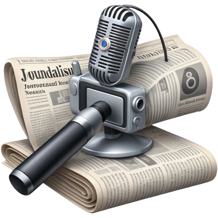 An icon featuring a microphone, a newspaper, and a camera, representing journalism and mass media. The design includes soundwaves and headlines, symbolizing the spread of information and news. Transparent background highlights the power of communication and media. emoji