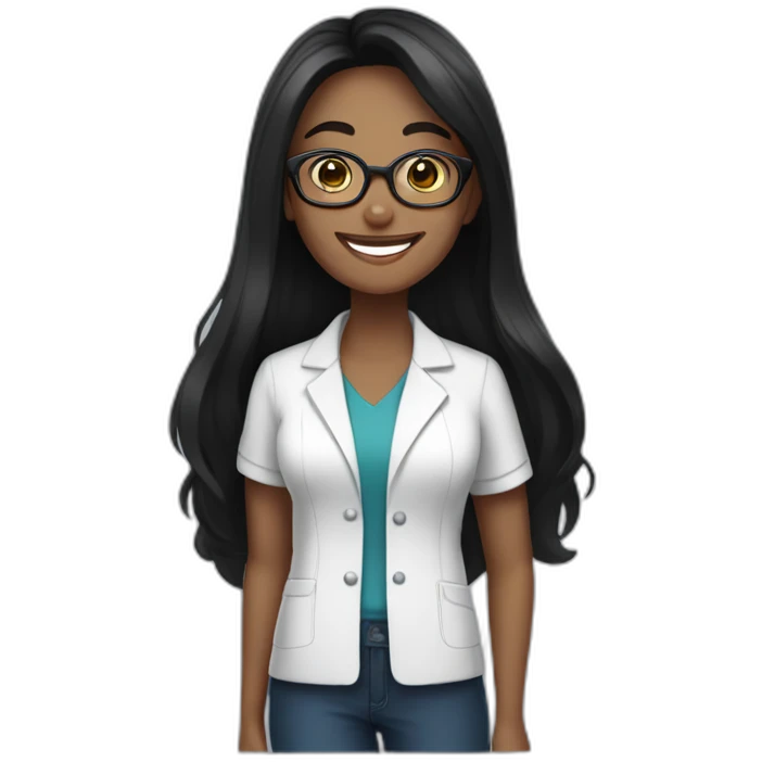 Pharmacist brown skin, long straight black hair, glasses and a big smile, femail emoji