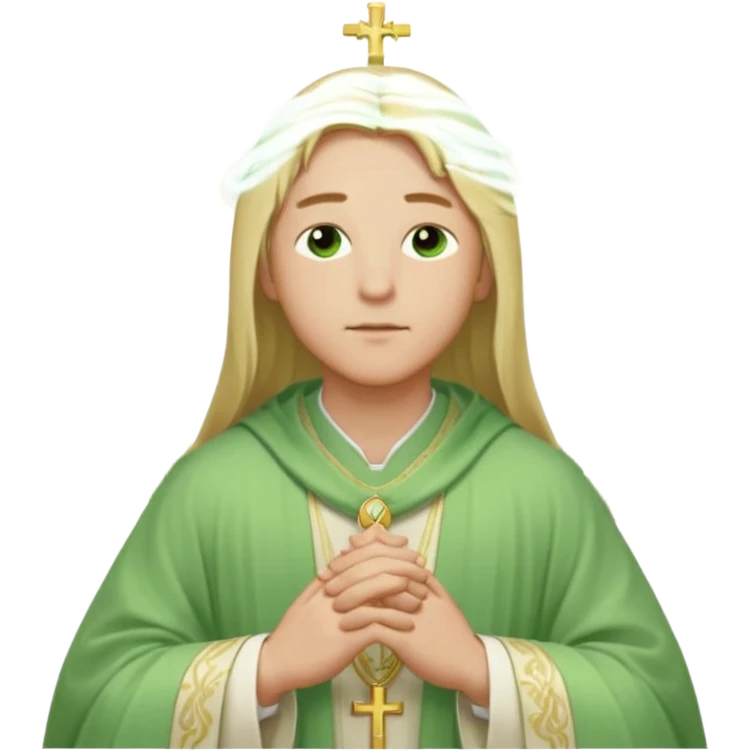 a young bishop, green eyes, long blonde hair, light green wide, flowing outer robe. hands clasped together, eys closed. Soft light, subtle fern. Waist-up, profile. emoji