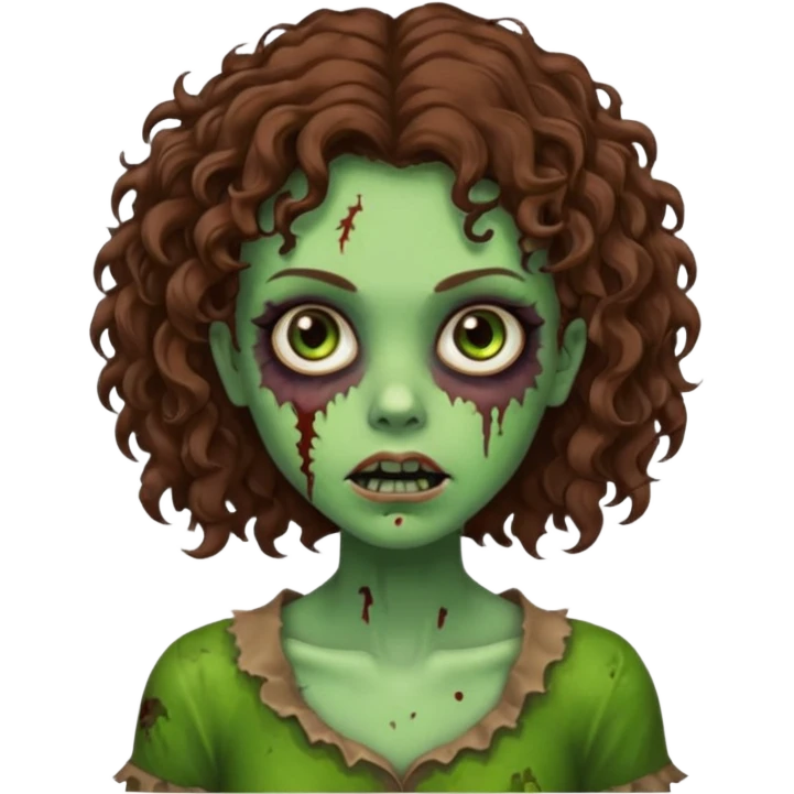 Faça uma garota zombie de cabelo cacheado castanho, olhos castanhos escuro e pele verde d zombie, com o cabelo abaixo do ombro emoji