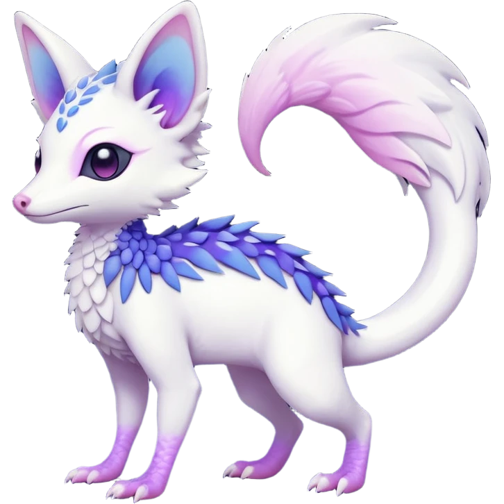  Pure-Snow-White albino hyper-realistic cute edgy with indigo-Violet-purple-pinkish-gradient markings beautiful handsome gorgeous aesthetic colorful vibrant Vernid-Trico-species-Fakemon-creature by LiLaiRa, 4 legs, 1 tail, random markings, (full body) emoji