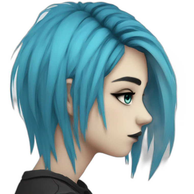 Side profile sad emo girl, black makeup, long choppy blue hair side bangs emoji