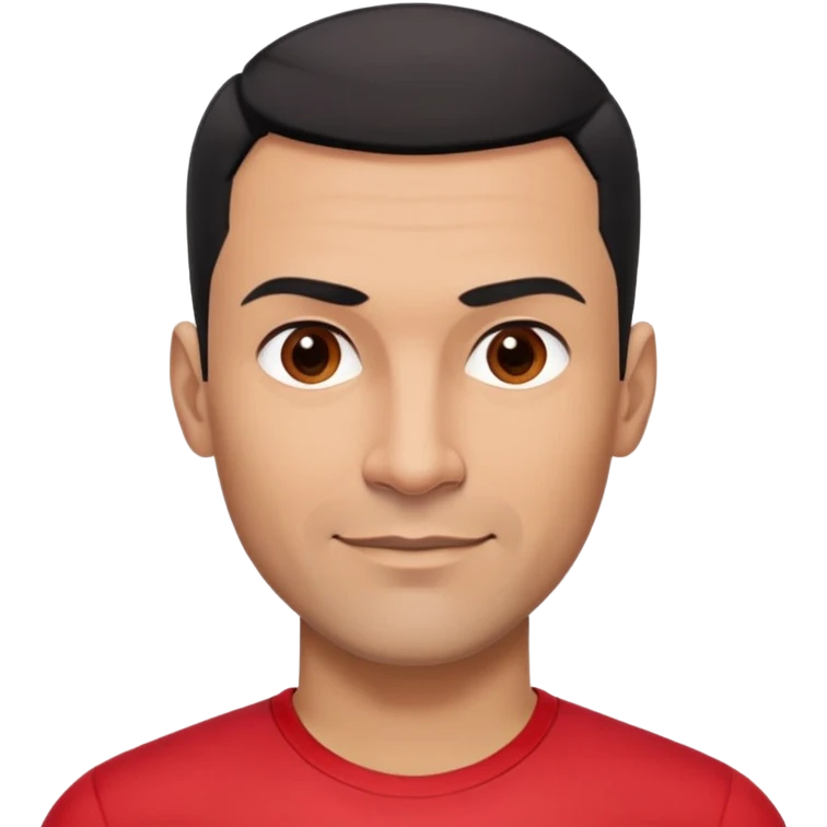 Robust athletic man in his 40s with light brown skin tone, very short black hair with modern fade haircut, strong square face with pronounced cheekbones, thick eyebrows, wide nose, medium lips with friendly smile, wearing red fitted athletic shirt emoji