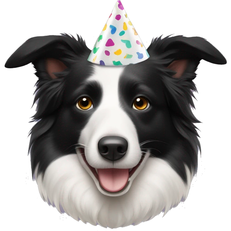  The Australian Border Collie has a face that is black on one side: and white on the other. She is wearing a party hat. emoji