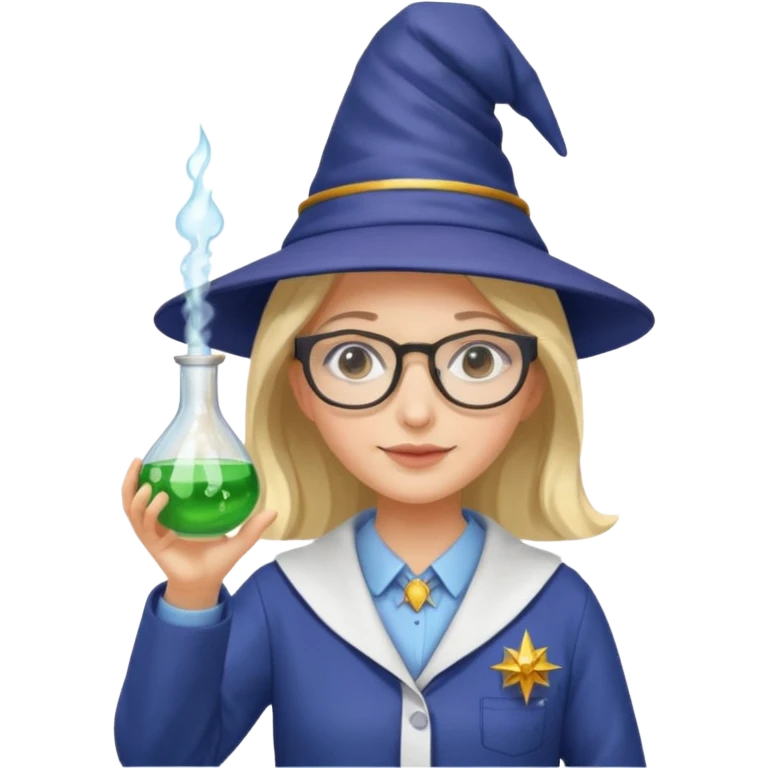 woman scientist with glasses, wearing wizard hat custome, with glass vase emoji