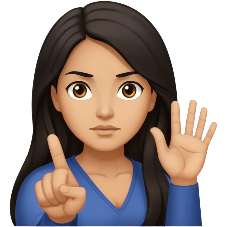 Hispanic woman with long hair, determined, one hand out motioning “no” emoji