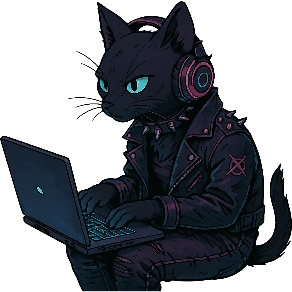  [[[it's a black cat typing at a laptop]]], , punk gothic style, futuristic cyberwave cyberpunk, sitting position
 emoji