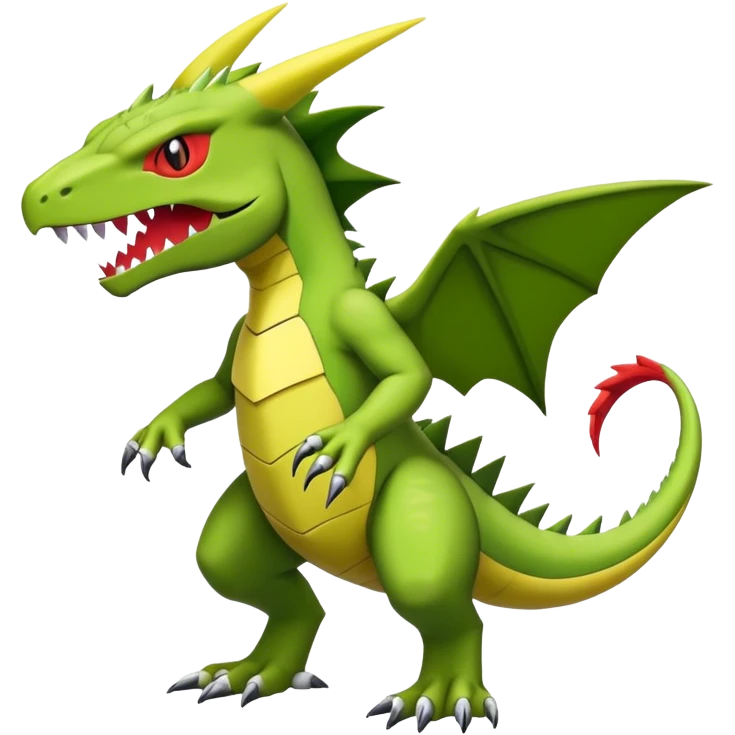 Cool edgy Guilmon-Flygon-Tyranitar-Digimon-hybrid-fusion, yellow belly, full body emoji
