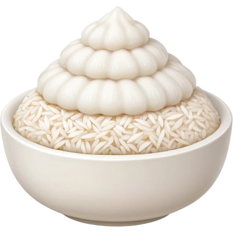 A cute white bowl of steaming rice piled high like a small mountain (korean style gobongbap), pure white rice,  emoji