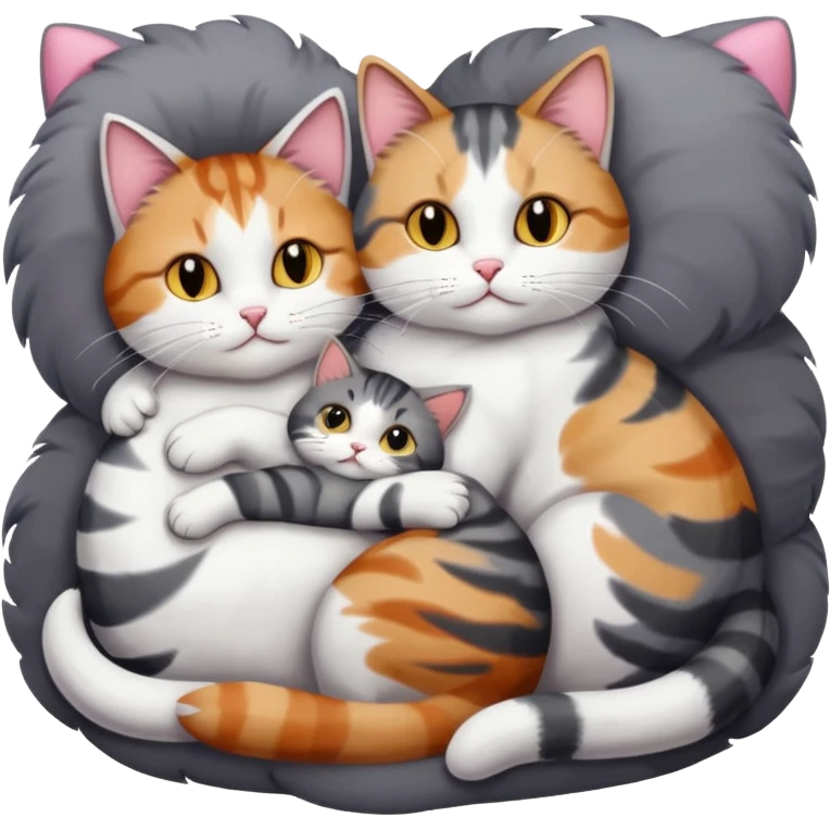 full body colourful light patched calico + white tabby cat cuddling a bigger cat that is dark grey and white tabby cat  and they are in love emoji