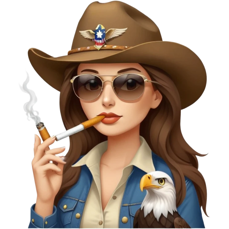 Country woman in cowboy hat with long brown hair with sunglasses with bald eagle on her arm and a cigarette in her mouth  emoji