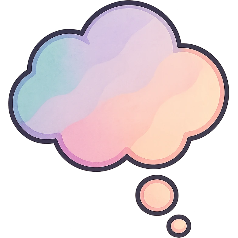 thought cloud with watercolor effect, well detailed, detailed shadows and highlights, thin clean contours, soft rounded shapes, pastel palette #98B5BC, #B5B3C1, #C9A3C9, #E4C0CA, #F7DCD1, #F7C0AA, modern Japanese pop art and sticker aesthetic, soft lighting, transparent background emoji