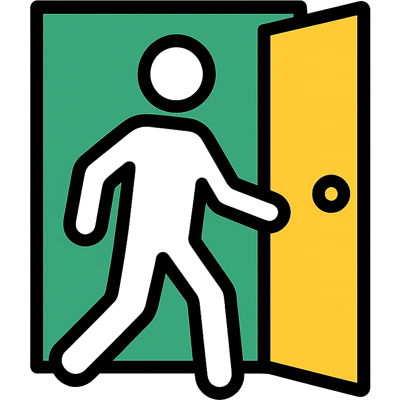 minimalistic icon of a white human figure walking through an open outlined door, viewed from the front, door with visible doorknob, solid green background, flat simple clean lines, high contrast emoji