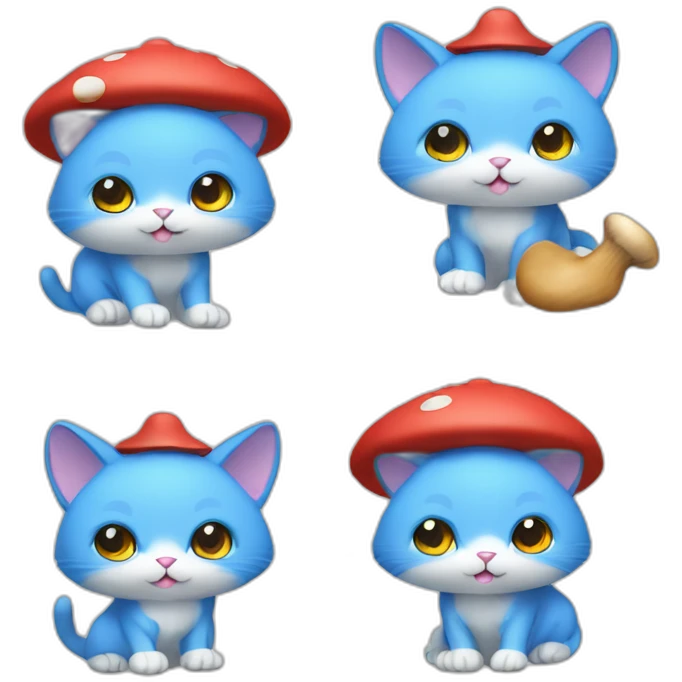  Cute Blue Cat NO ears wearing a mushroom cap carrying a stock emoji