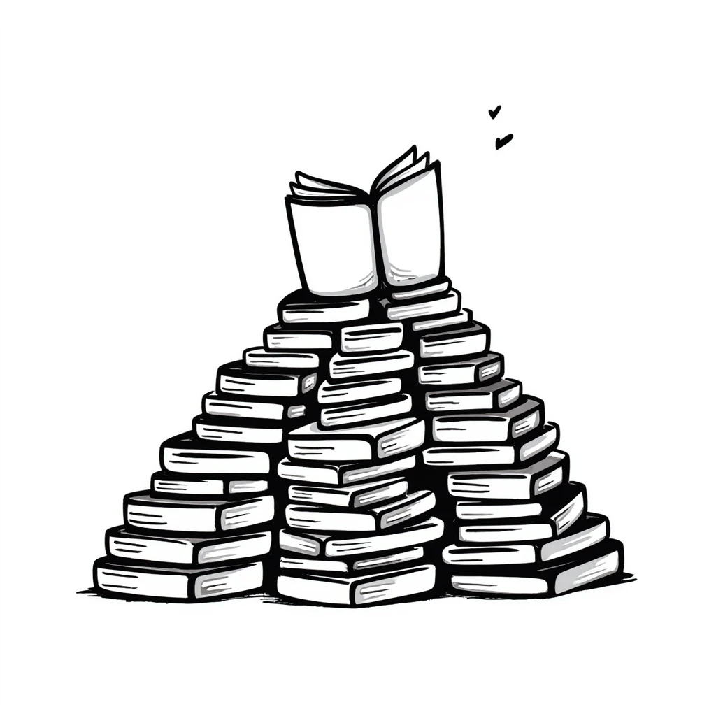 A hand-drawn mountain made of many books stacked on top of each other emoji
