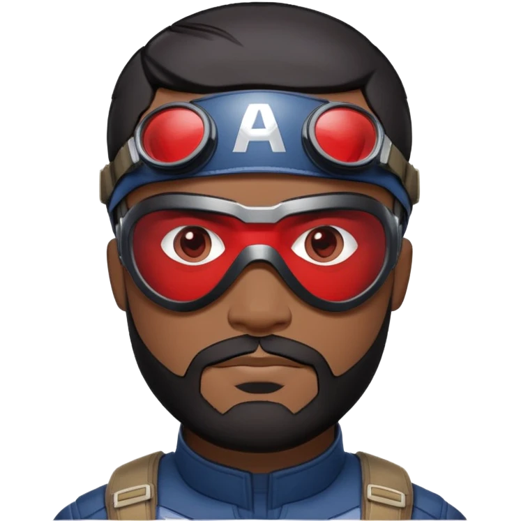 sam wilson with  short, neatly cropped black hair and a well-groomed beard that connects to his mustache,  wear sleek, red-tinted tactical goggles fit snugly from captain america: civil war emoji
