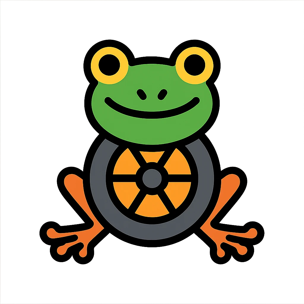 color outline icon of frog head on a tire with legs sprouting emoji