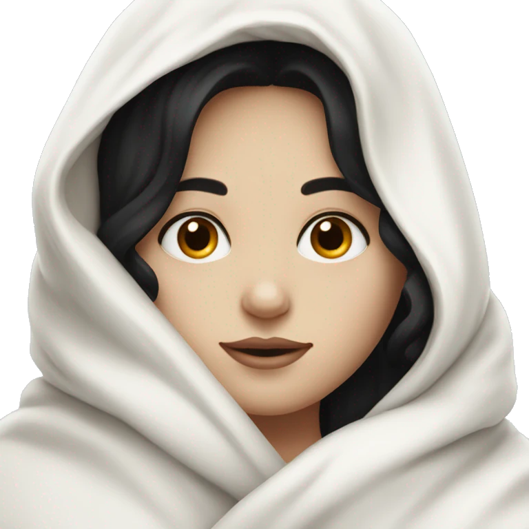 Pale Girl with black hair cozy in a white blanket emoji